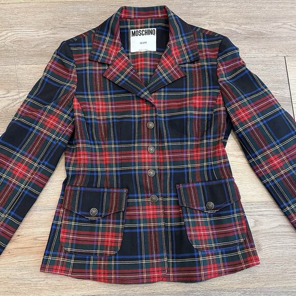 Vintage 90s Moschino Jeans Blazer Jacket Y2K Plaid Tartan Womens S/M Tweed EUC - Picture 4 of 14